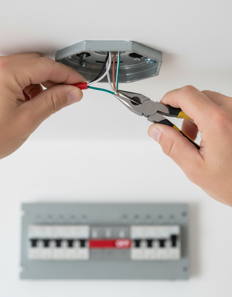 Homeowner safely tightening a wire nut inside a ceiling light fixture electrical box to fix flickering lights