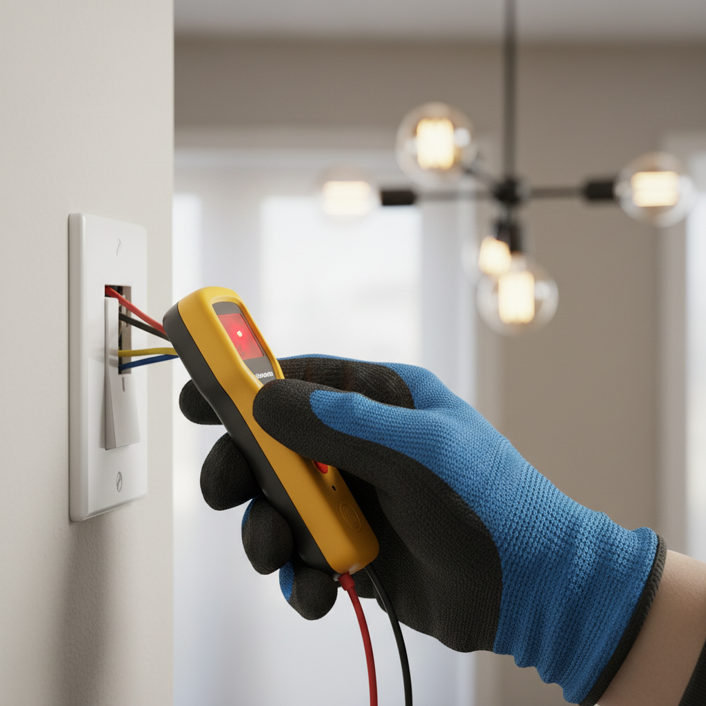 Homeowner testing a light switch for power with a non-contact voltage tester, troubleshooting flickering lights.