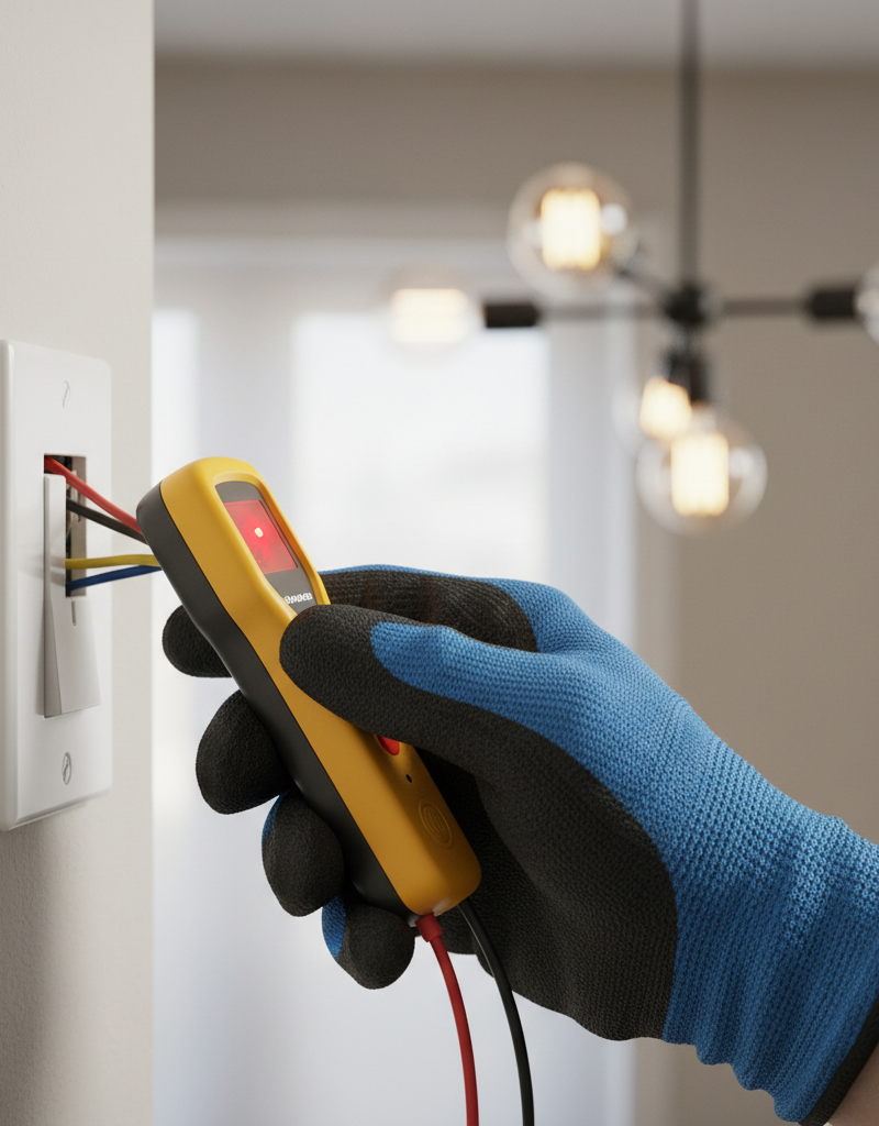 Homeowner testing a light switch for power with a non-contact voltage tester, troubleshooting flickering lights.
