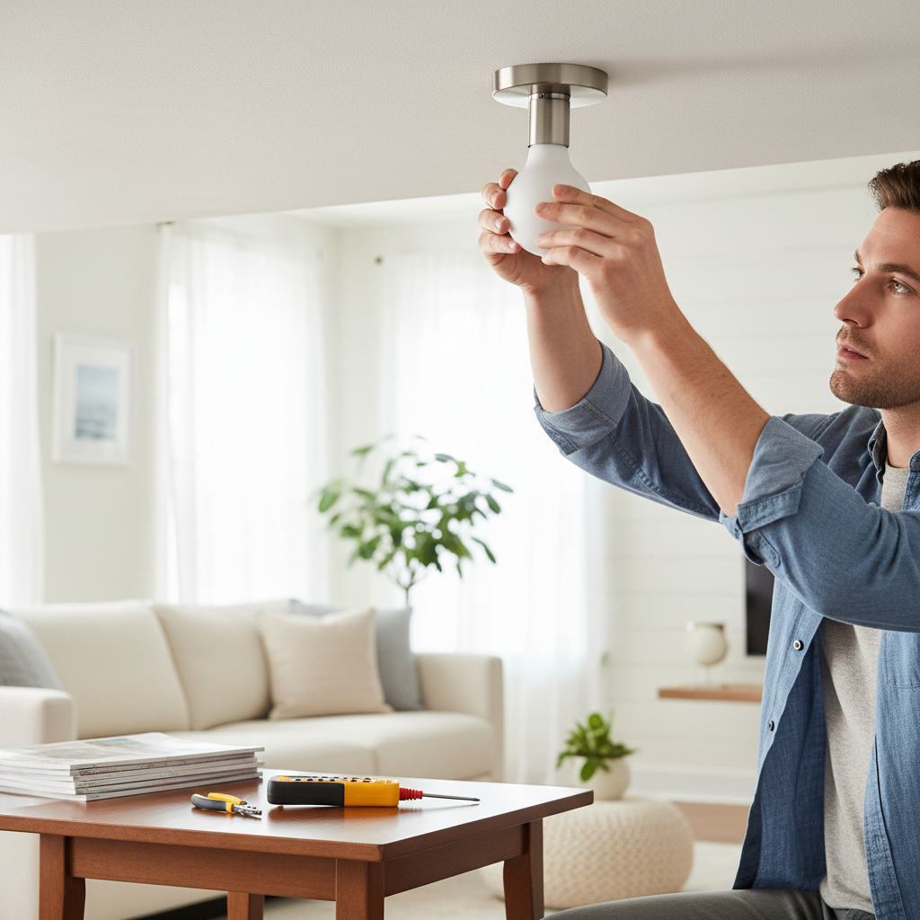 Homeowner troubleshooting flickering light by tightening a bulb in a ceiling fixture