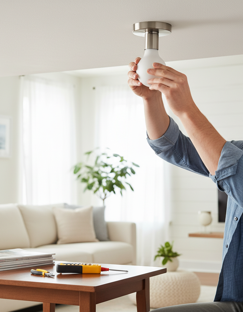 Homeowner troubleshooting flickering light by tightening a bulb in a ceiling fixture