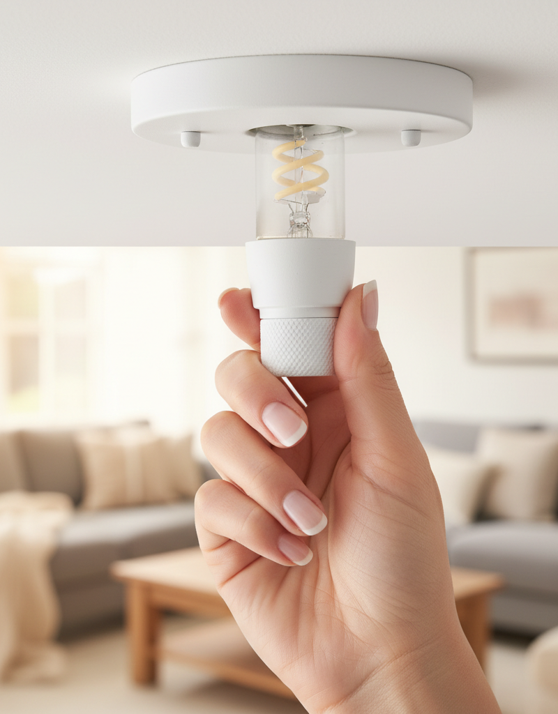 Hand screwing in a new LED light bulb into a ceiling fixture to stop flickering.
