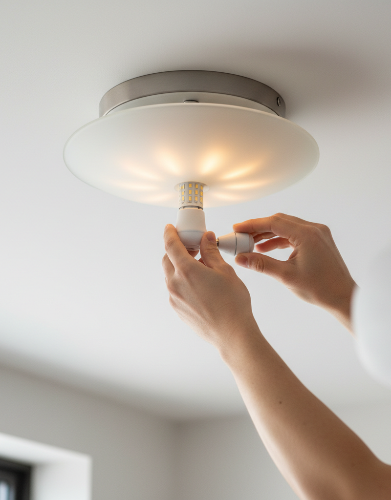 Homeowner troubleshooting flickering light by tightening a bulb in a ceiling fixture