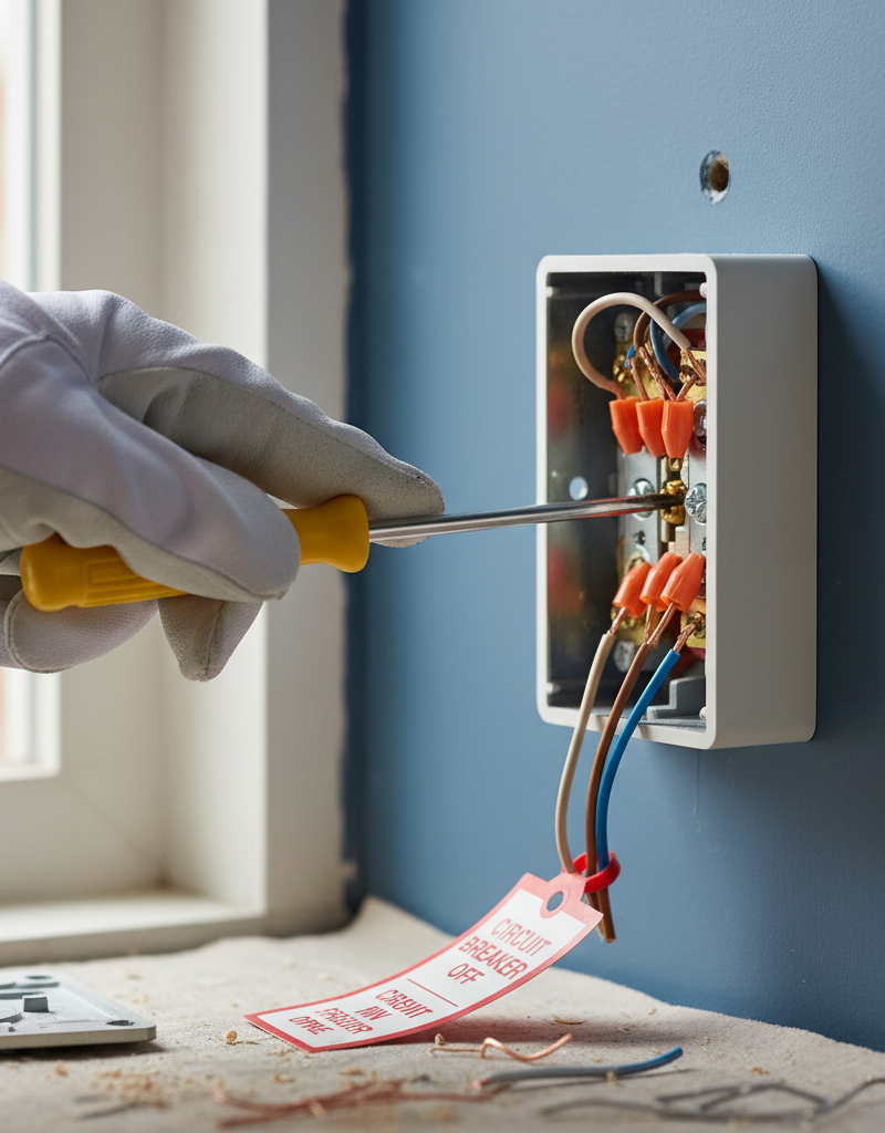 Homeowner's hand tightening a loose wire in a light switch electrical box.
