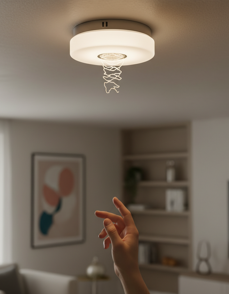 Homeowner troubleshooting a flickering ceiling light in a modern living room.