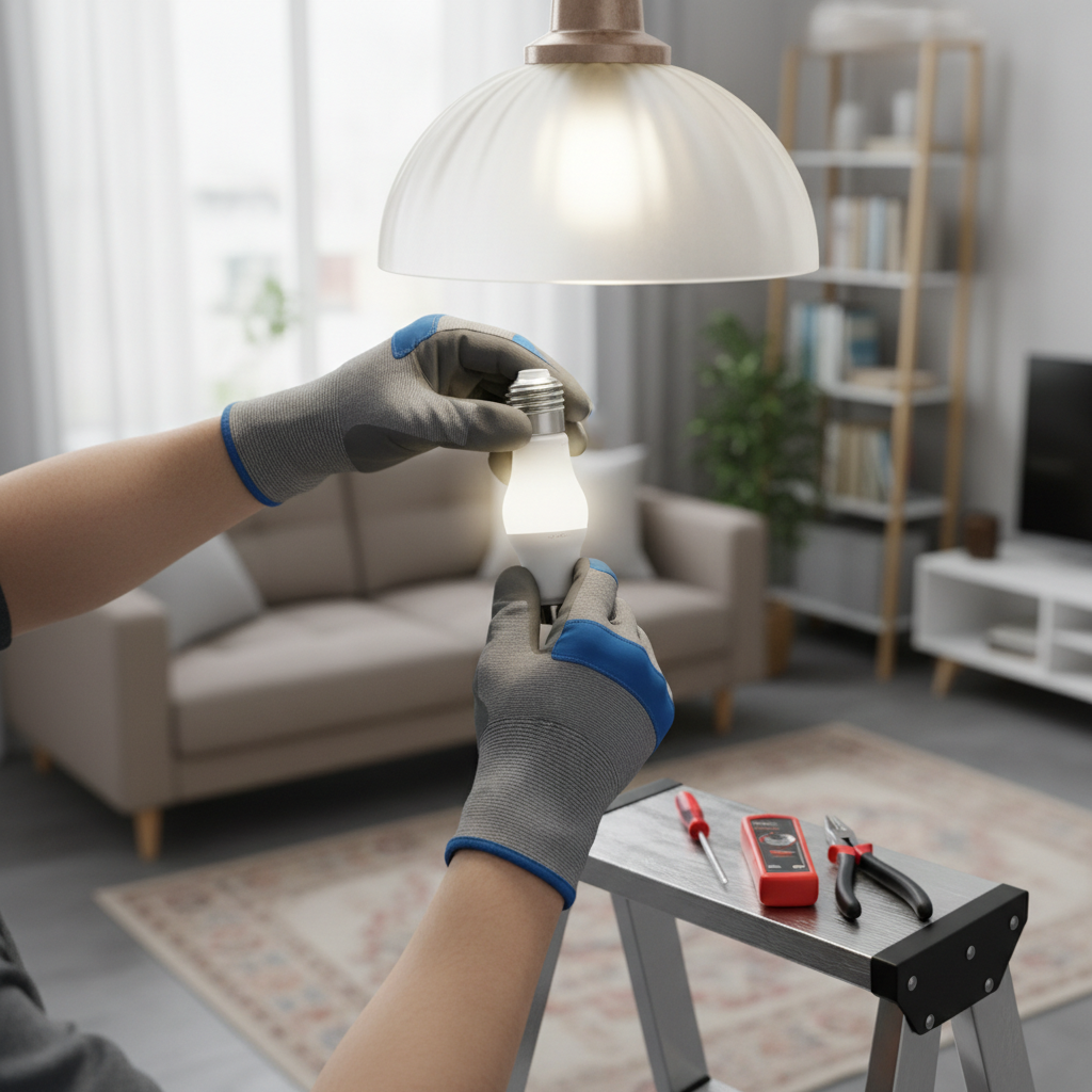 Homeowner tightening a flickering light bulb in a ceiling fixture