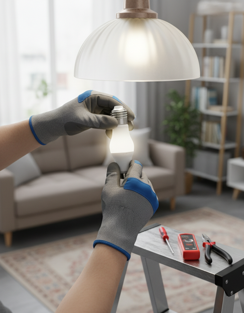 Homeowner tightening a flickering light bulb in a ceiling fixture