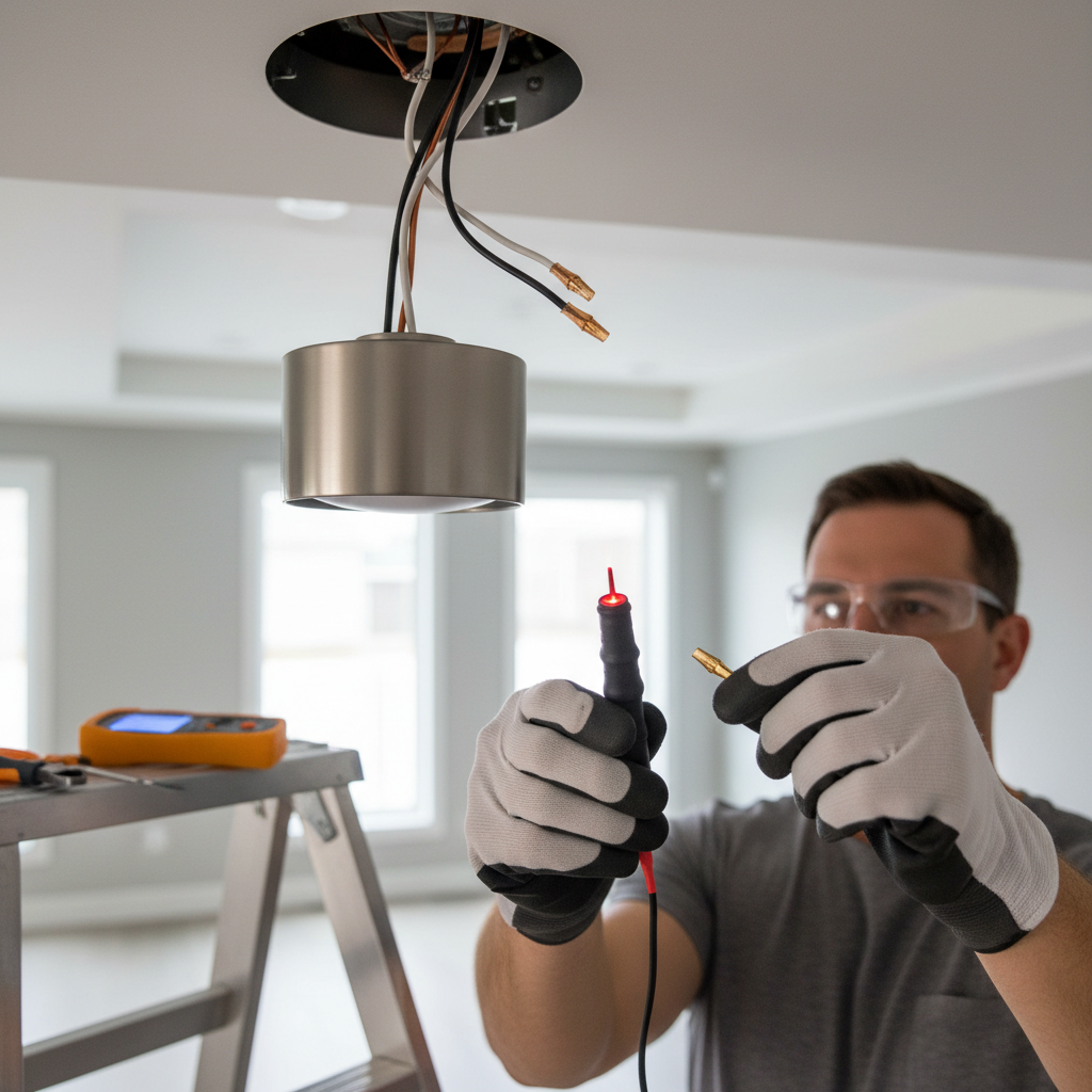 Homeowner using a non-contact voltage tester to check for power at a light fixture.