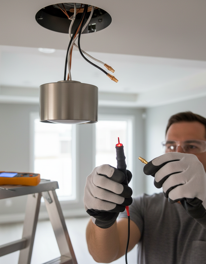 Homeowner using a non-contact voltage tester to check for power at a light fixture.