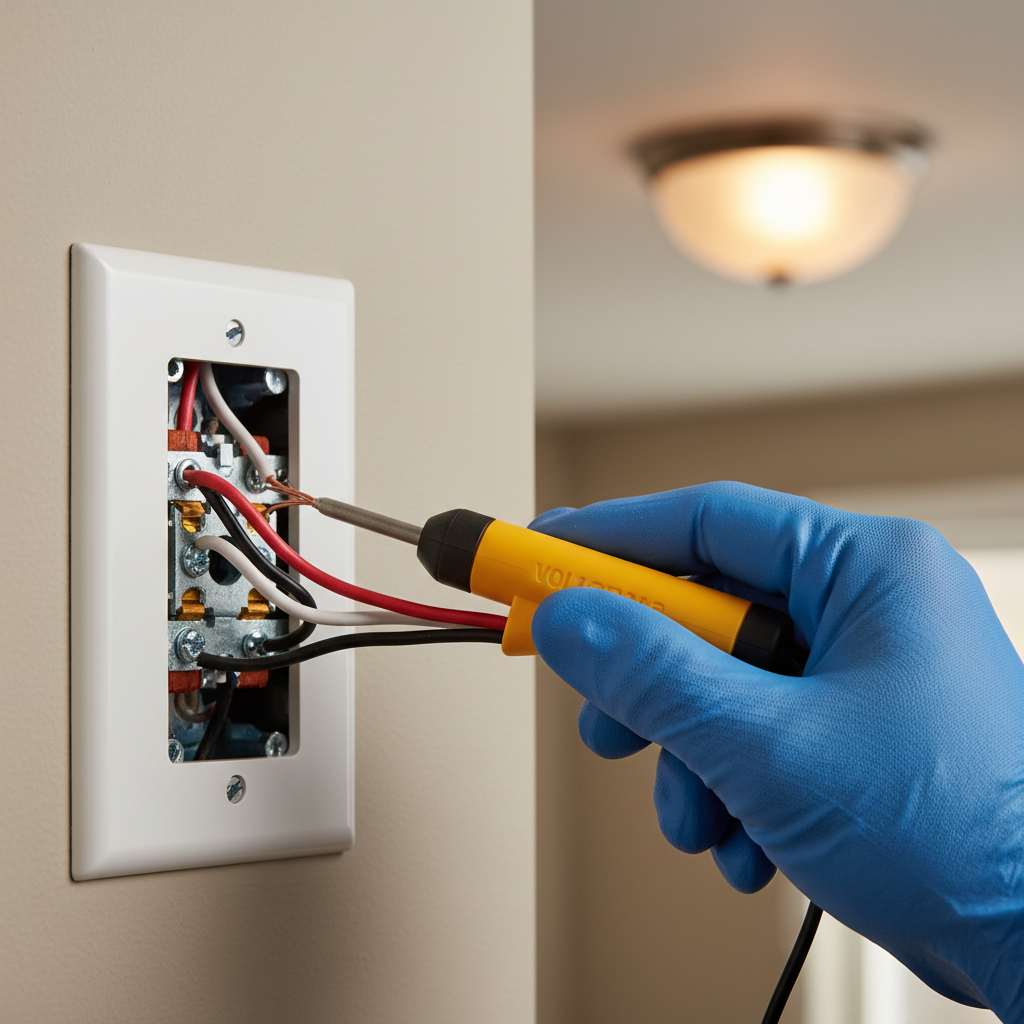 Homeowner uses a non-contact voltage tester on a pulled-out light switch with exposed wiring, a flickering light in the background.