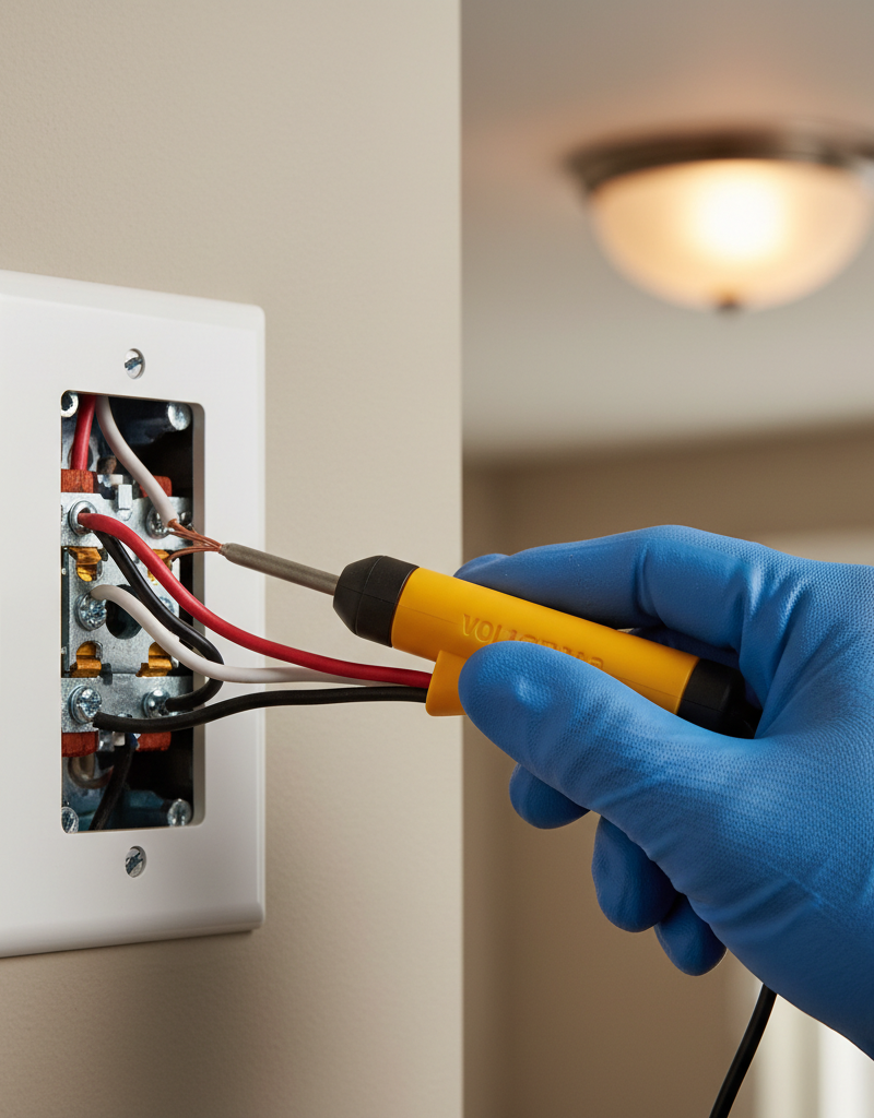 Homeowner uses a non-contact voltage tester on a pulled-out light switch with exposed wiring, a flickering light in the background.