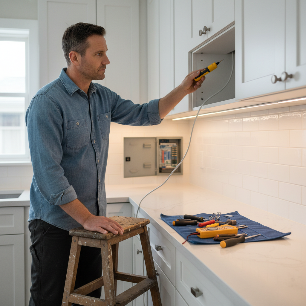 Man troubleshooting flickering under-cabinet LED lights with a voltage tester.