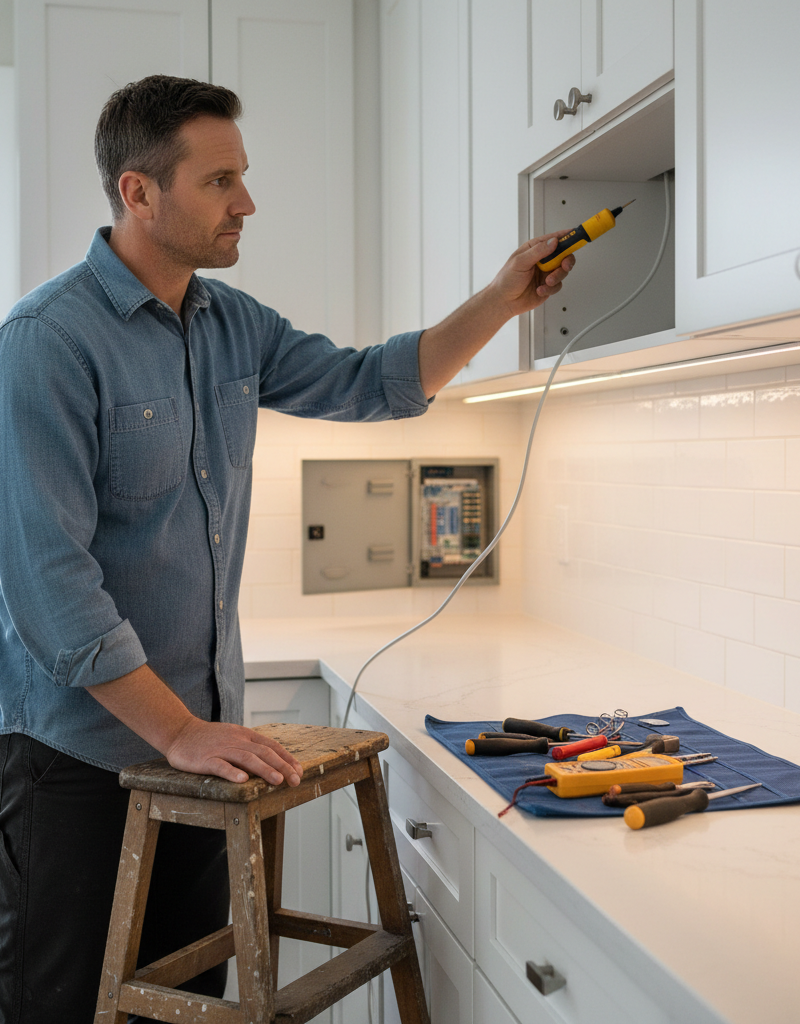 Man troubleshooting flickering under-cabinet LED lights with a voltage tester.