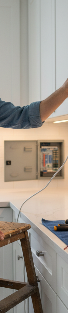 Man troubleshooting flickering under-cabinet LED lights with a voltage tester.