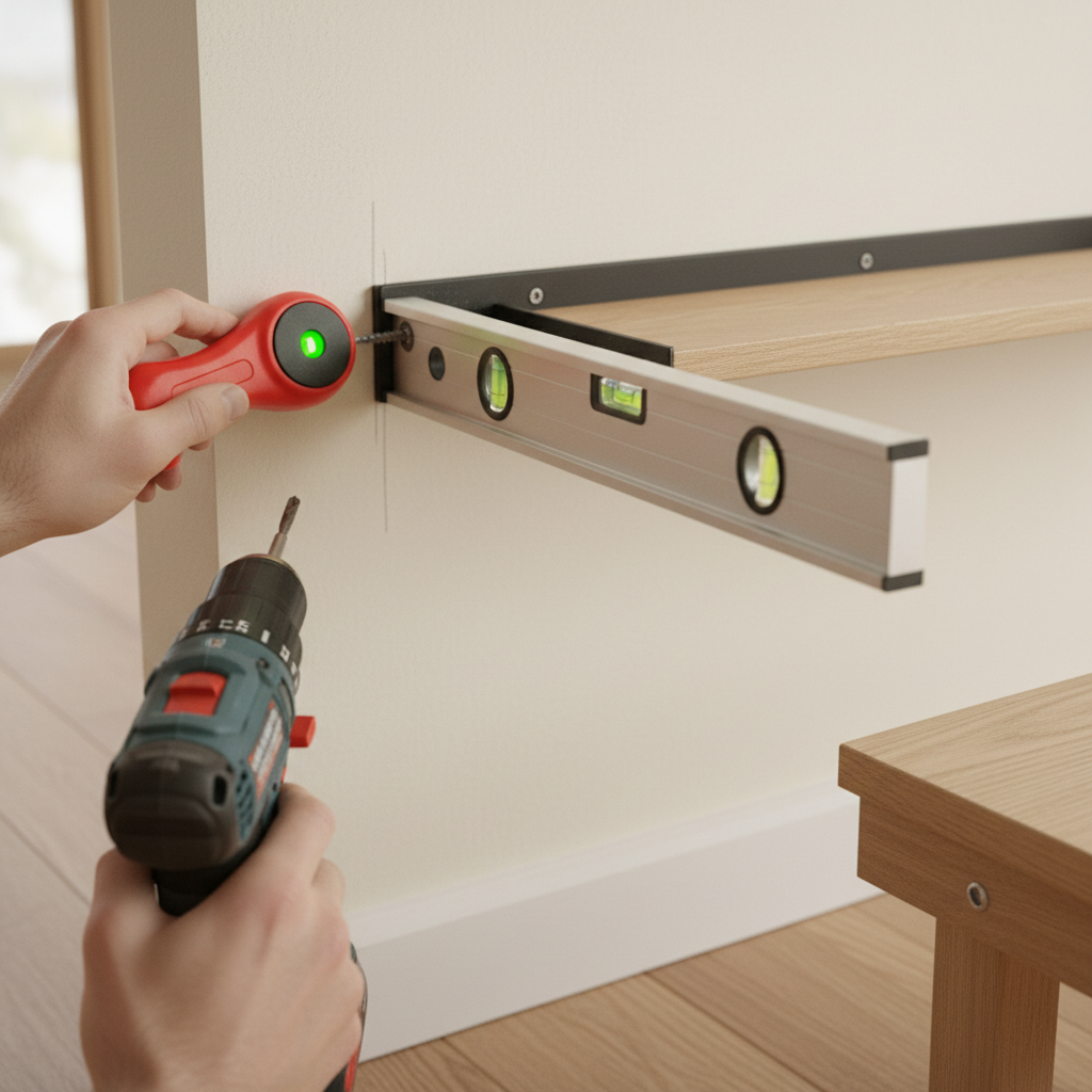 Homeowner installing a floating shelf into drywall using a stud finder, level, and drill.