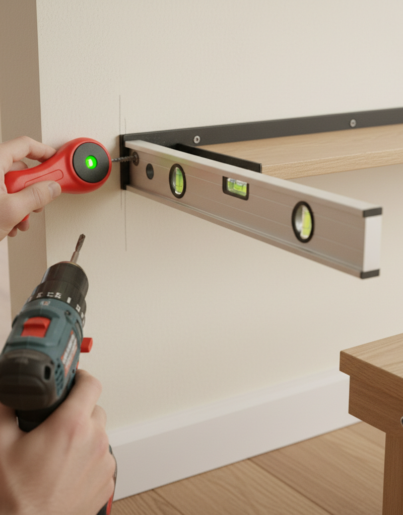 Homeowner installing a floating shelf into drywall using a stud finder, level, and drill.