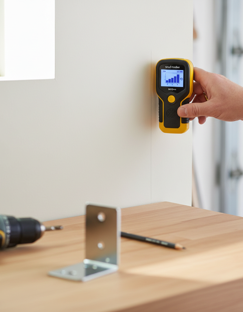 Homeowner uses a stud finder to locate studs in drywall for floating shelf installation.