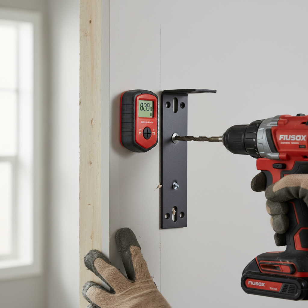 Close-up of a hand using a stud finder to locate a wall stud for floating shelf installation, with tools nearby.