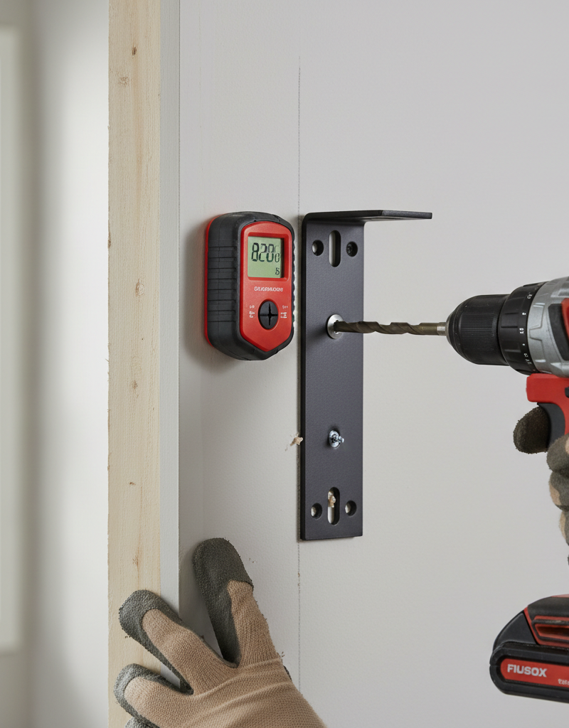 Close-up of a hand using a stud finder to locate a wall stud for floating shelf installation, with tools nearby.