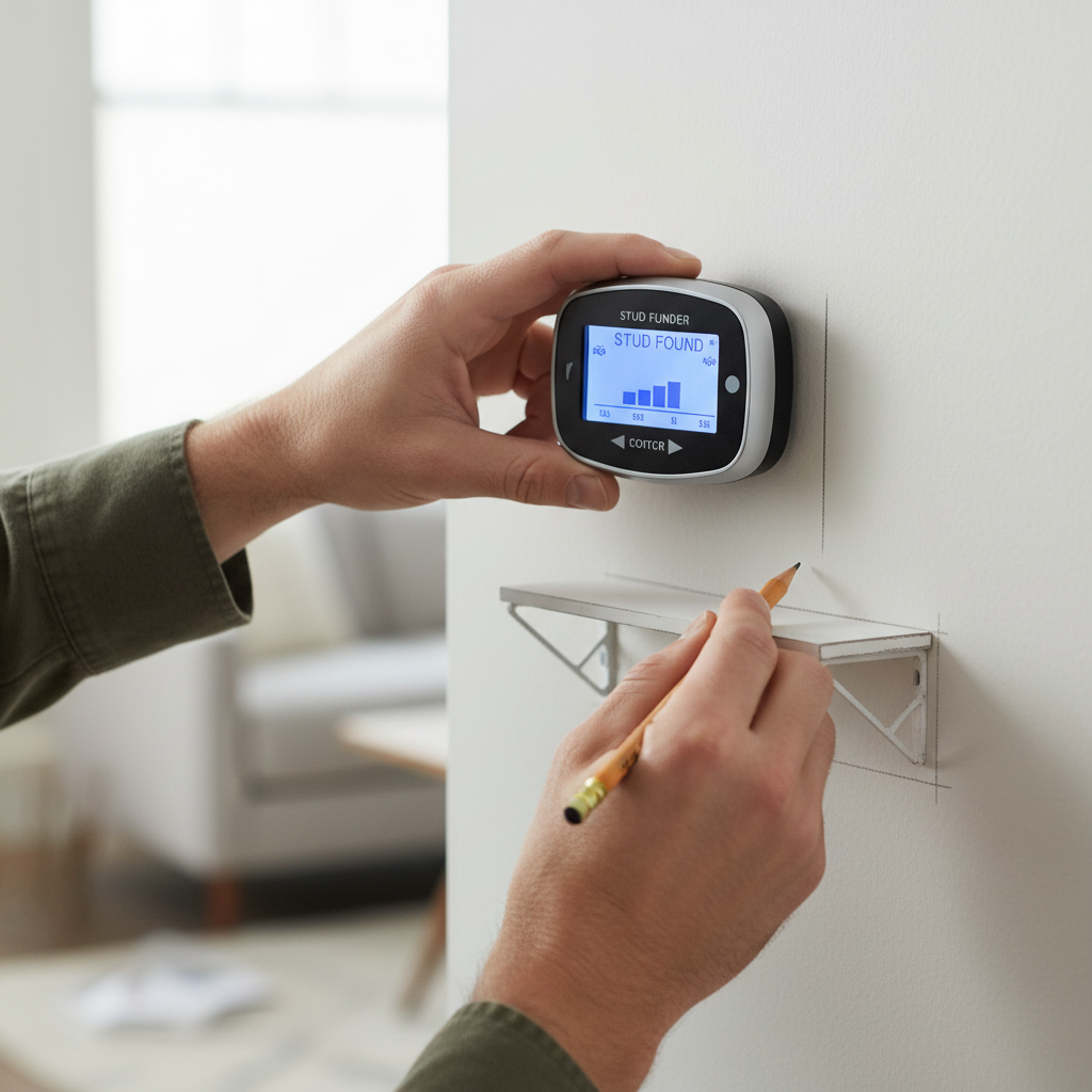 Homeowner using a stud finder to locate wall studs before installing floating shelves onto drywall.