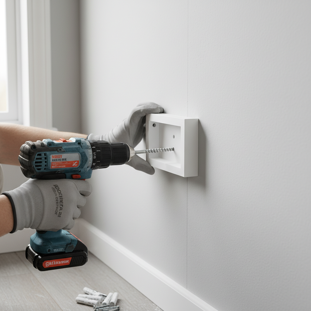 Homeowner using a power drill to secure a floating shelf bracket into a wall stud in drywall, ensuring proper installation