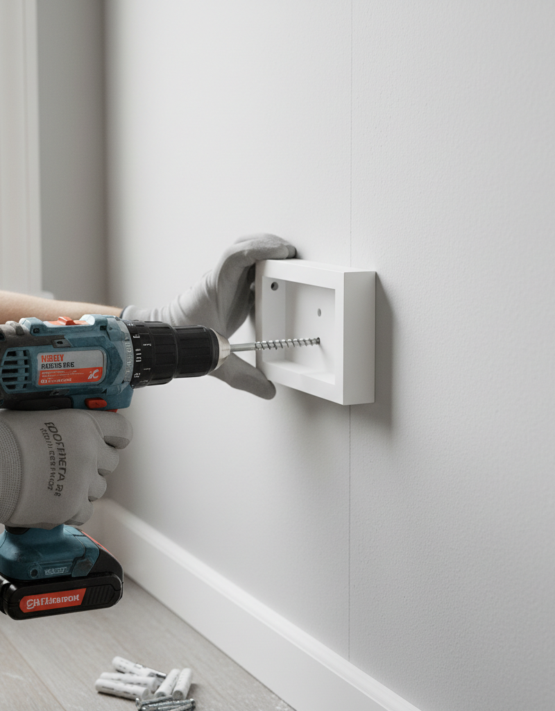 Homeowner using a power drill to secure a floating shelf bracket into a wall stud in drywall, ensuring proper installation