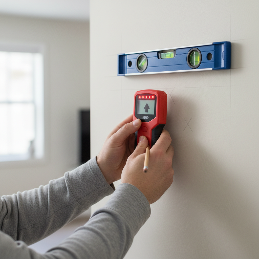 Person using a stud finder to locate wall studs before installing a floating shelf bracket on drywall.
