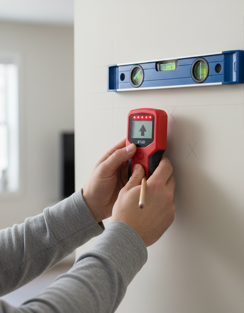 Person using a stud finder to locate wall studs before installing a floating shelf bracket on drywall.