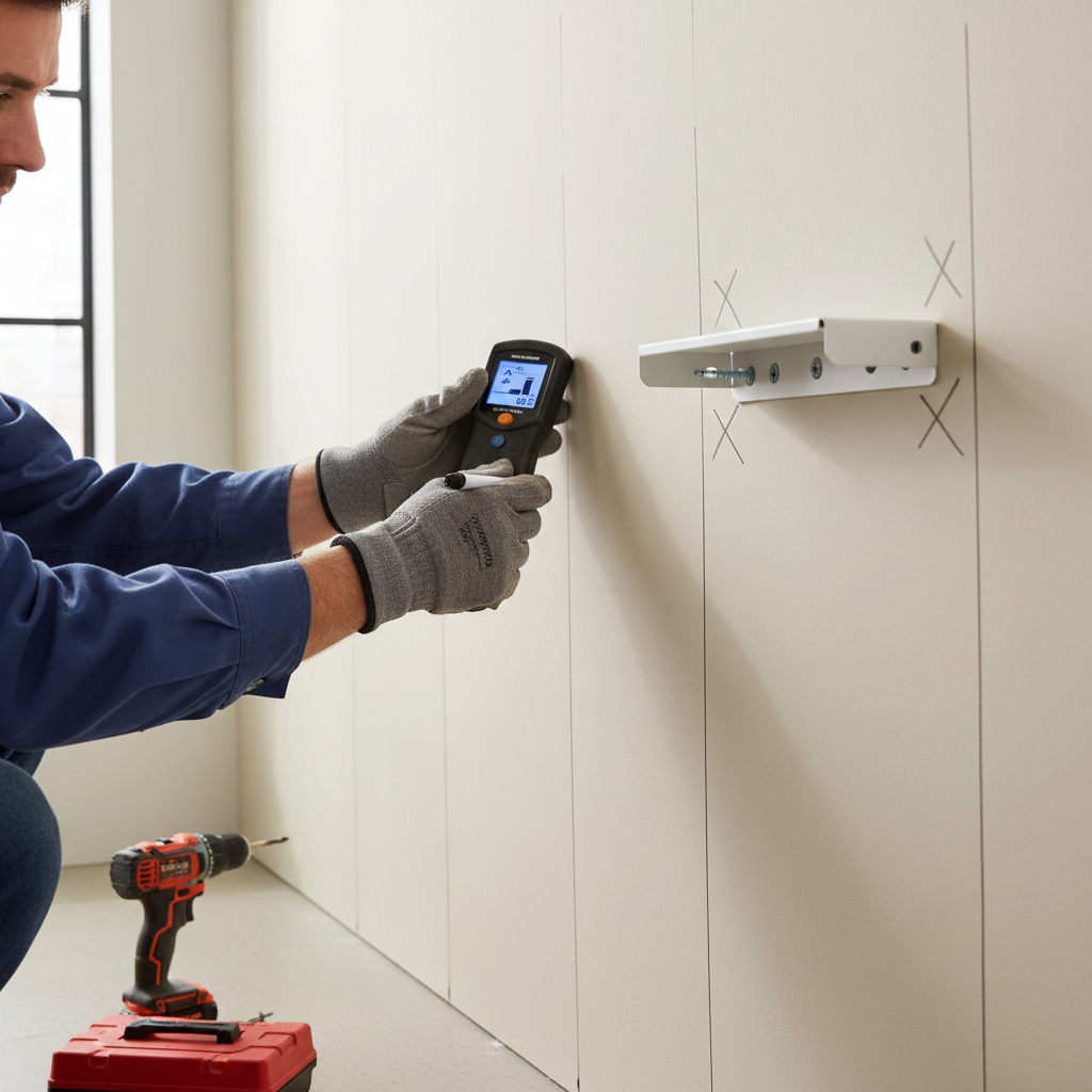 Homeowner using a stud finder to mark stud locations for floating shelf installation on drywall.