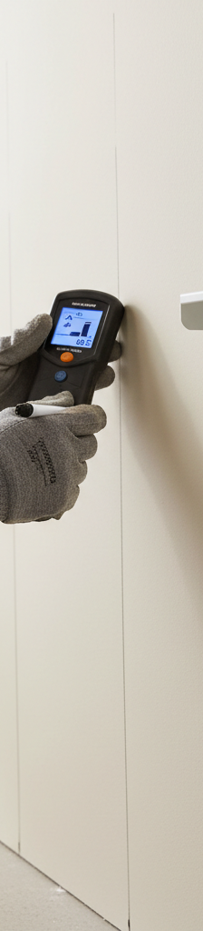Homeowner using a stud finder to mark stud locations for floating shelf installation on drywall.