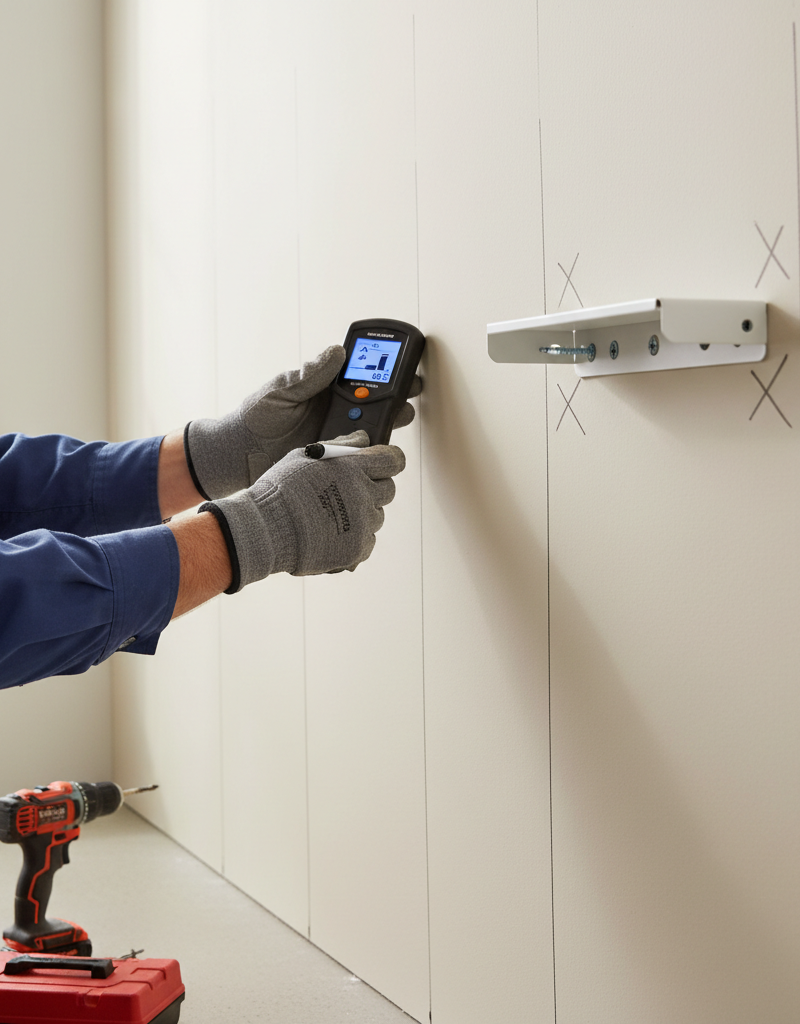Homeowner using a stud finder to mark stud locations for floating shelf installation on drywall.