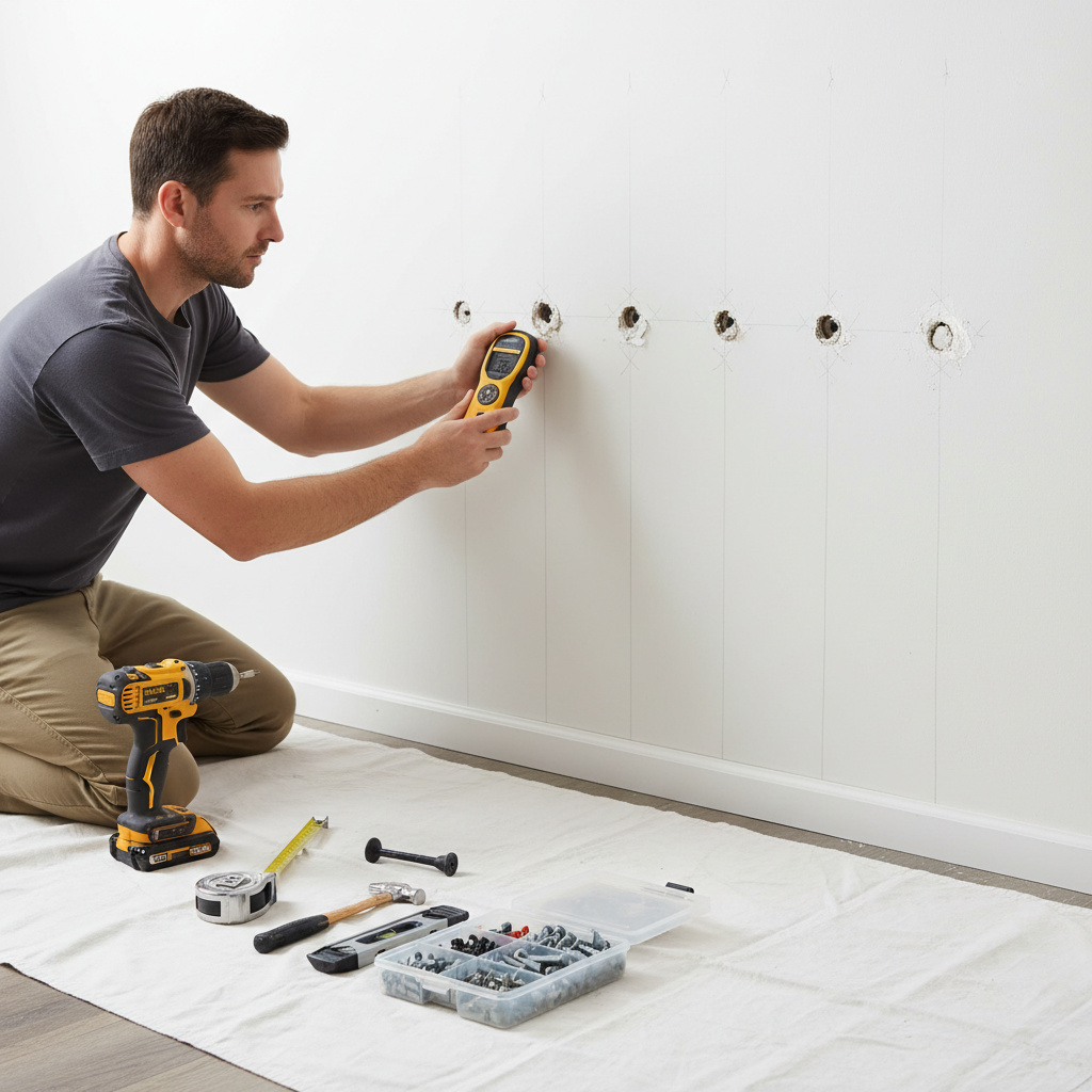 Homeowner using a stud finder to locate studs for a sagging floating shelf, with drywall damage visible.