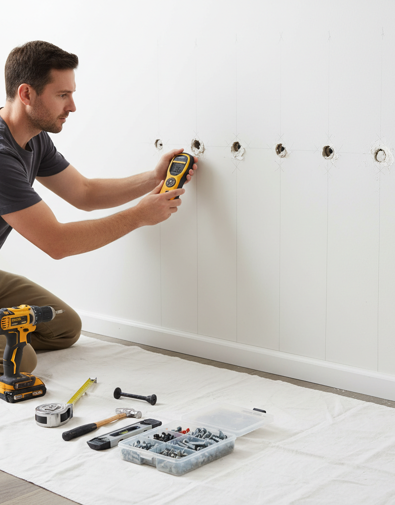 Homeowner using a stud finder to locate studs for a sagging floating shelf, with drywall damage visible.
