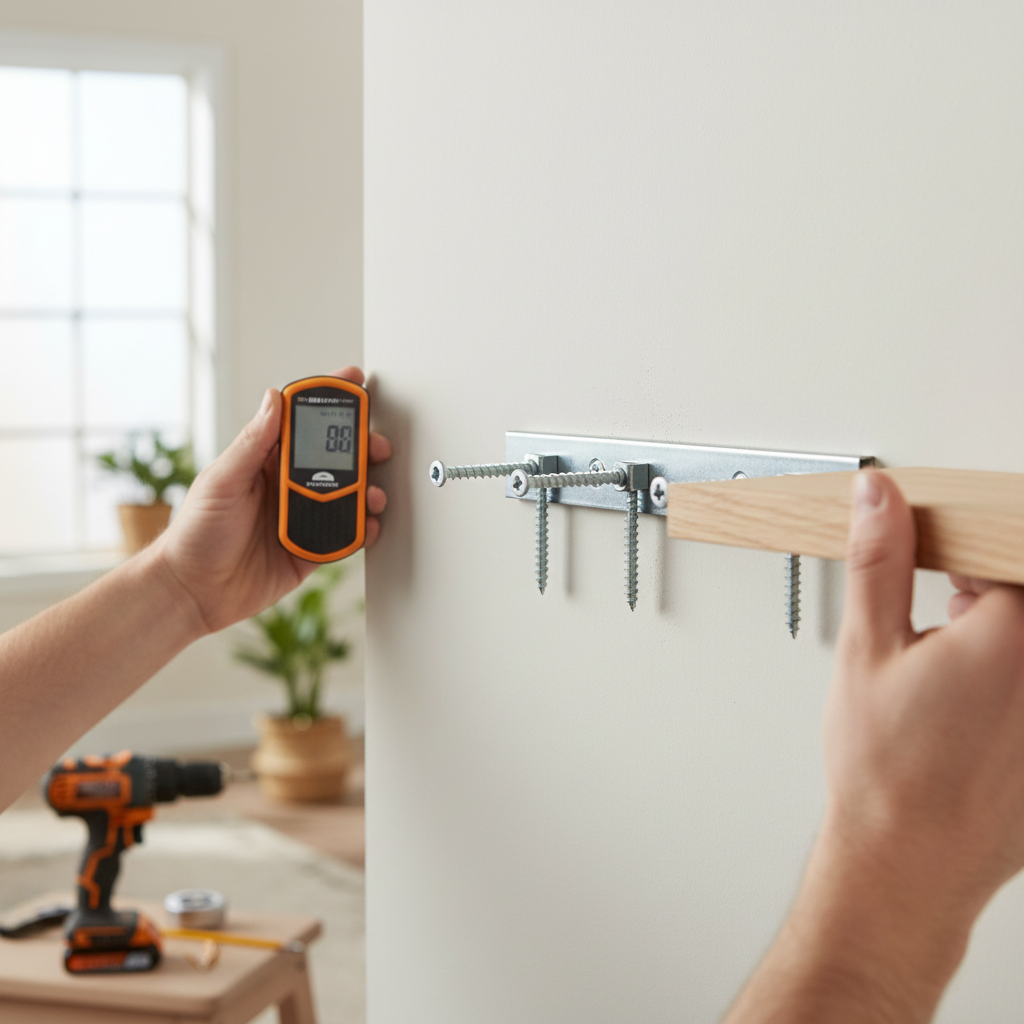 Homeowner installing a floating shelf bracket into drywall, using a stud finder to locate studs for secure mounting.
