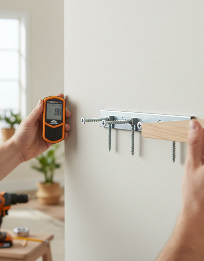 Homeowner installing a floating shelf bracket into drywall, using a stud finder to locate studs for secure mounting.