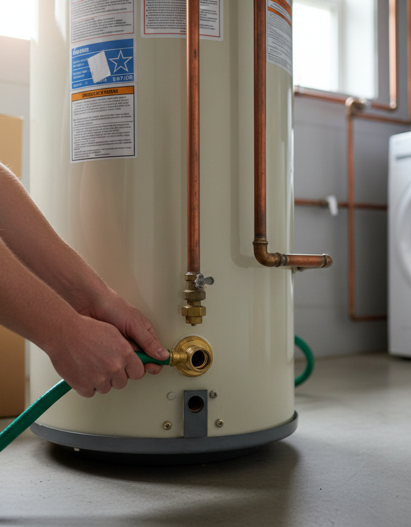 Hands attaching a garden hose to a water heater drain valve for flushing.