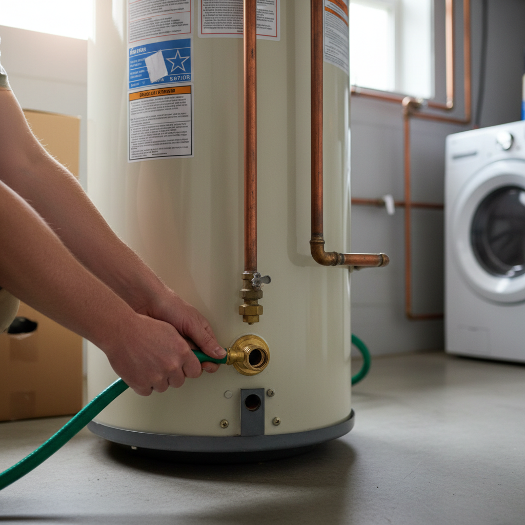 Hands attaching a garden hose to a water heater drain valve for flushing.