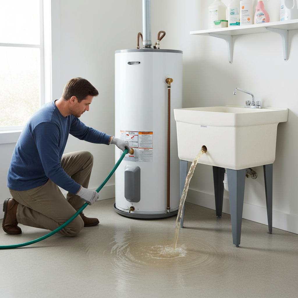Homeowner flushing a water heater with a garden hose, draining cloudy water into a utility sink.
