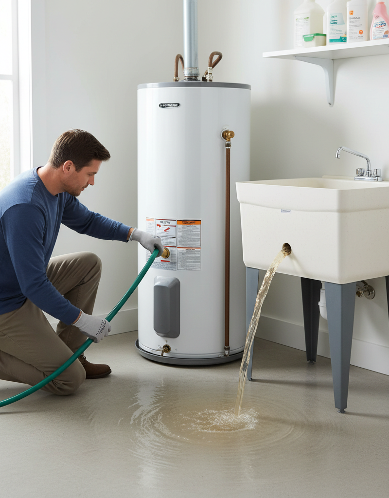 Homeowner flushing a water heater with a garden hose, draining cloudy water into a utility sink.