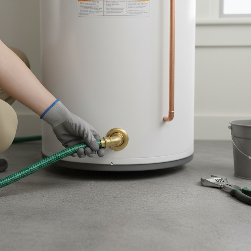 Homeowner attaching a green garden hose to the brass drain valve at the bottom of a white water heater tank.