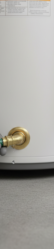 Homeowner attaching a green garden hose to the brass drain valve at the bottom of a white water heater tank.