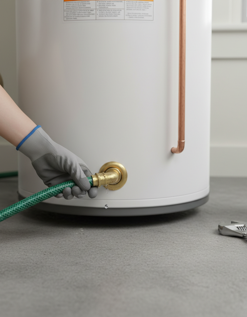 Homeowner attaching a green garden hose to the brass drain valve at the bottom of a white water heater tank.