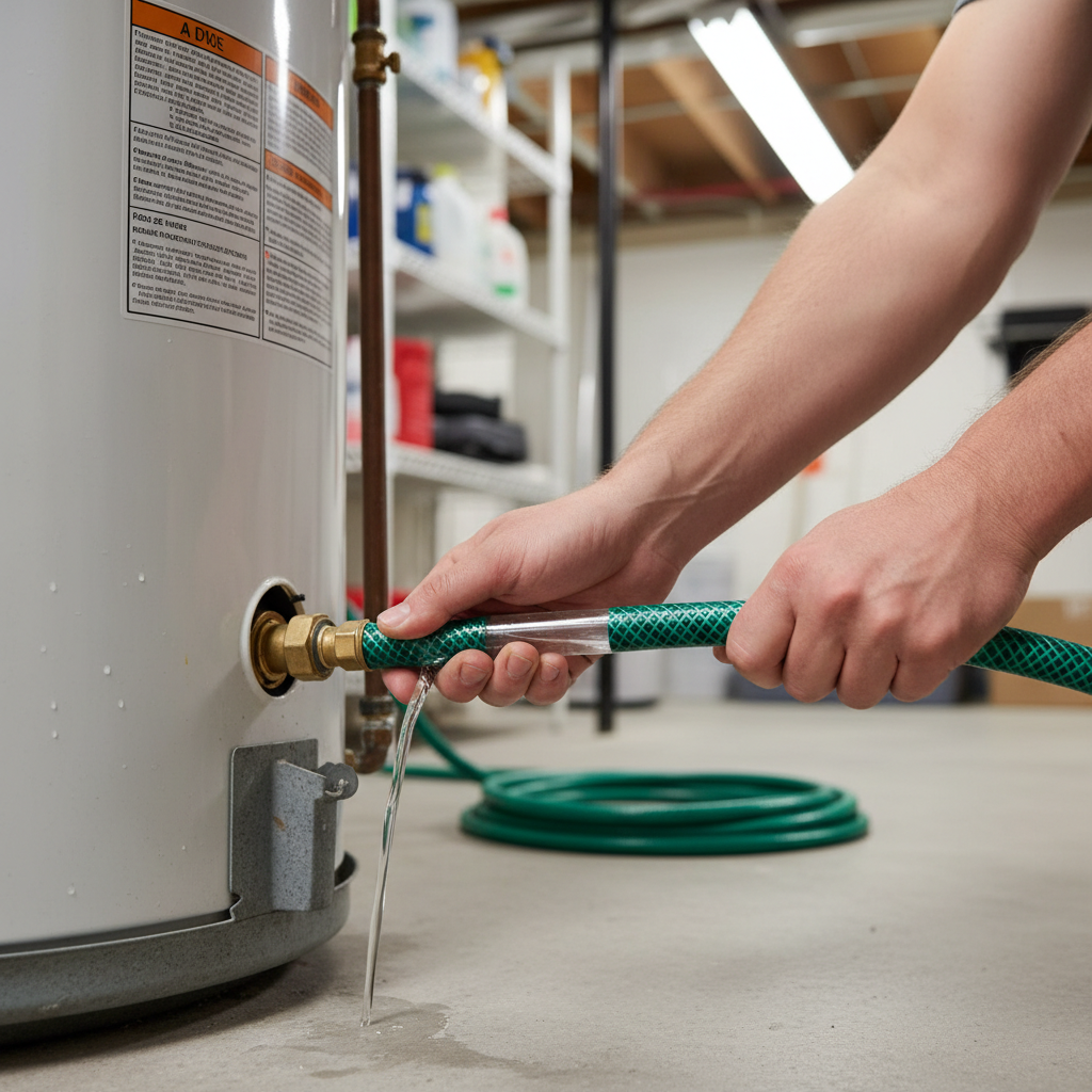 Homeowner attaching garden hose to water heater drain valve
