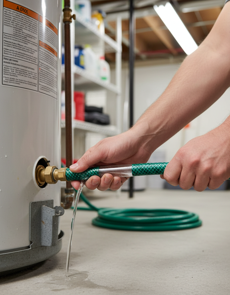 Homeowner attaching garden hose to water heater drain valve