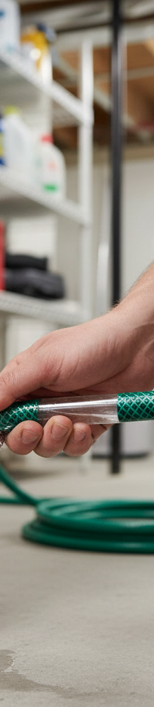 Homeowner attaching garden hose to water heater drain valve