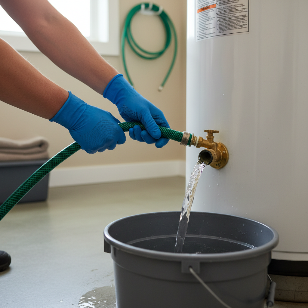 Homeowner flushing water heater, connecting garden hose to drain valve