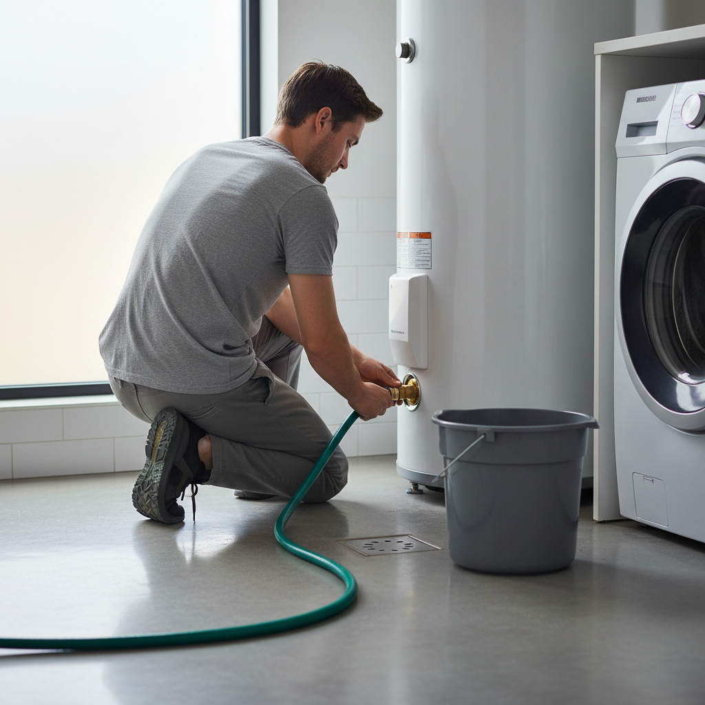 Homeowner flushing a water heater by connecting a garden hose to the drain valve