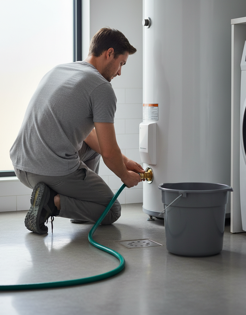 Homeowner flushing a water heater by connecting a garden hose to the drain valve