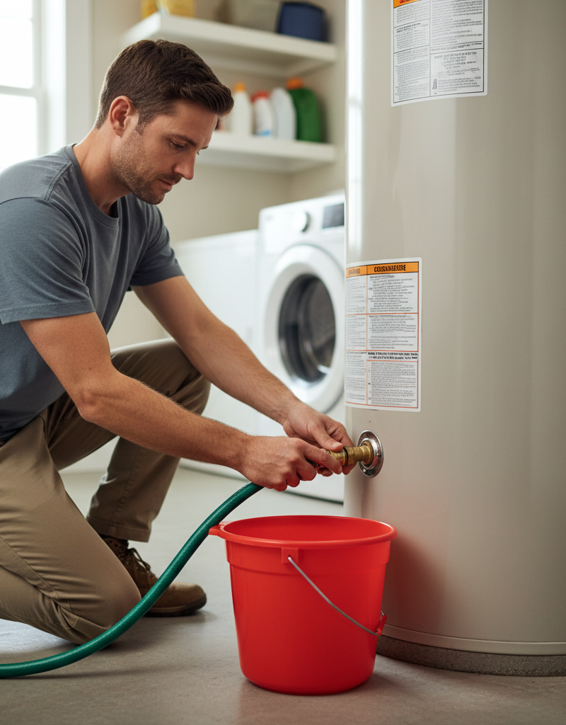 Homeowner connecting a hose to a water heater drain valve for flushing