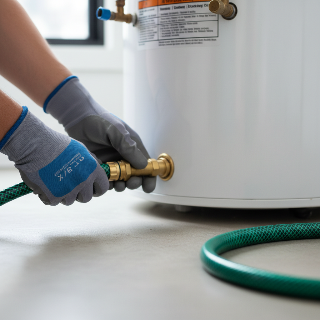 Homeowner flushing water heater by connecting a hose to the drain valve
